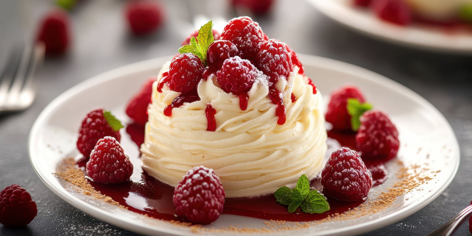 Delicious raspberry mousse dessert garnished with fresh berries and mint in a cozy dining setting